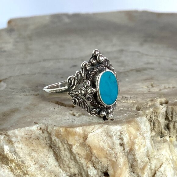 Sterling Silver 925 Scrollwork Oval Faux Turquoise Tapered Shank Ring Sz 7.5 - Picture 11 of 16